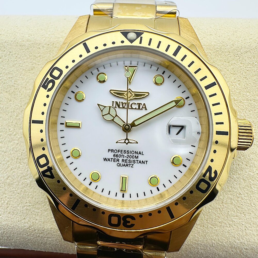 NEW Invicta Men's Pro Diver Quartz Watch with White Dial Yellow Gold Bracelet